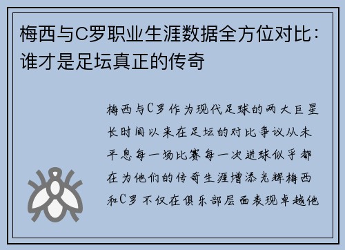 梅西与C罗职业生涯数据全方位对比：谁才是足坛真正的传奇